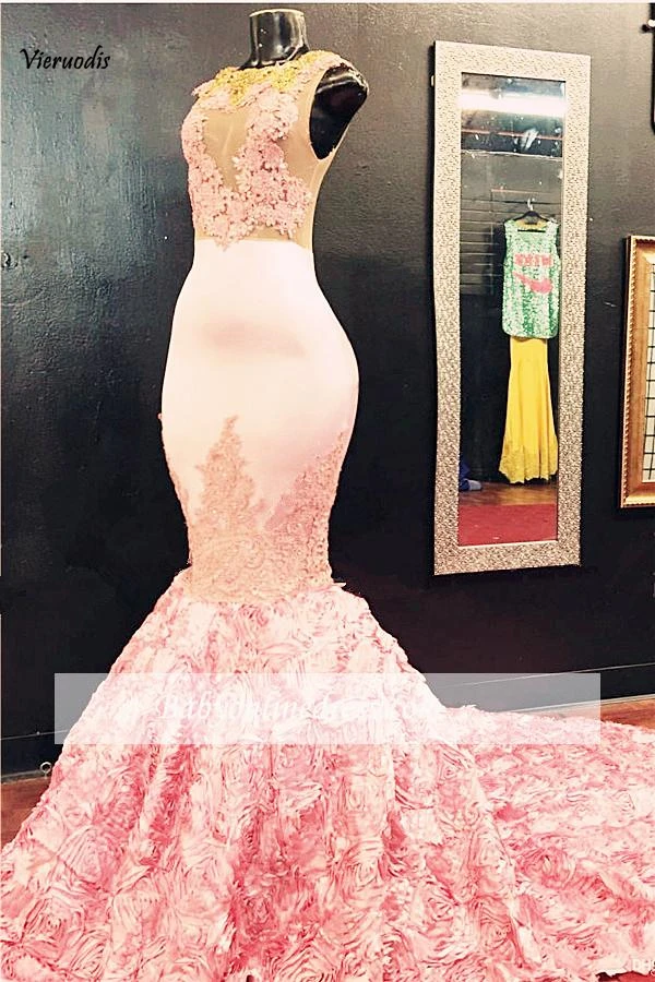 84-1            Pink 2019 Prom Dresses Mermaid Cap Sleeves See Through Lace Flowers Party Maxys Long Prom Gown Evening Dresses Robe De Soiree