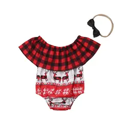 Рождественская одежда для малышей без рукавов для девочек с открытыми плечами комбинезон Рождество плед комбинезон с оленями + повязка на
