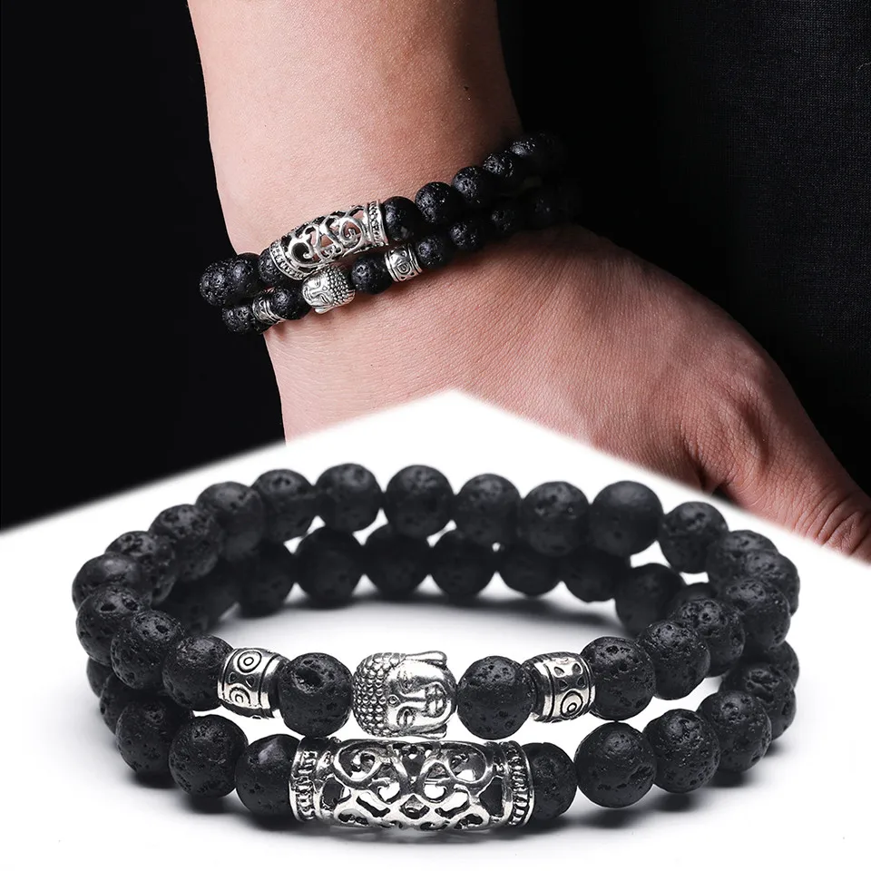 

2PCS/SET Natural Stone Men's bracelets Charm Lava stone tiger eye Tibetan Buddha Hollow decoration Bracelets for women & men