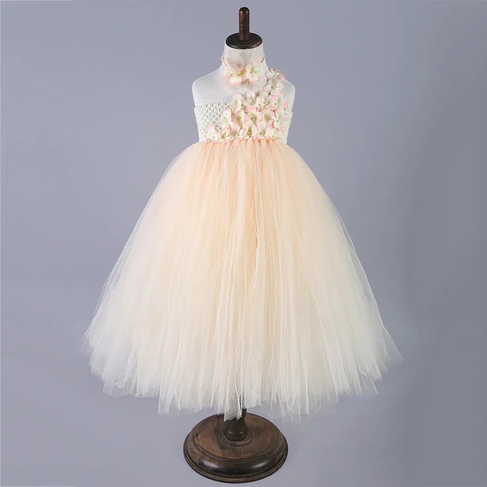 

One Shoulder Pearls Flower Girl Party Dress Girls Wedding Elegant Ankle Length Toddler Girl Christmas Dress Gowns Girls Clothing