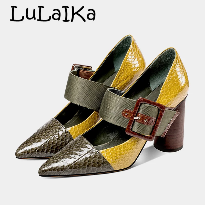 

Genuine Leather Shoes 2018 Women Mary Jane Shoes Pumps Chunky High Heels Horsehair Buckle Strap Party Shoes Pointed Toe Woman