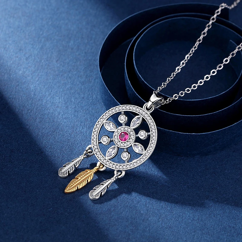 

Angel Caller Genuine 925 Sterling Silver Pink CZ Dreamcatcher Pendant Necklace for Women Luxury Sterling Silver Jewelry Gift