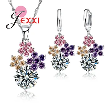 

New Arrival Jewelry Set For Women 925 Sterling Silver Colorful Flowers Shape Necklace/Earrings Sets Wholesale Price