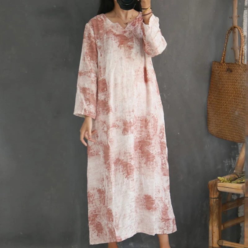 New Style Casual Literary Retro Printed Linen Long Female Dress 2019 Spring Summer v-neck Sleeve Women Dresses | Женская одежда