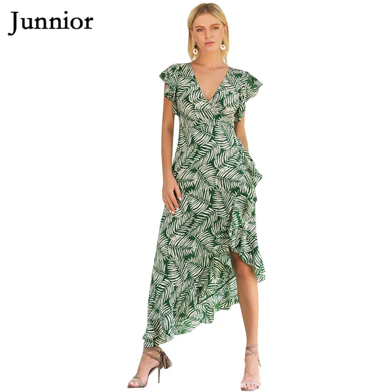 

Junnior Summer Ruffles Beach Dress for Women Sexy V-neck Asymmetrical Dress Maxi Floral Printed Frilled Dresses Female Vestidos