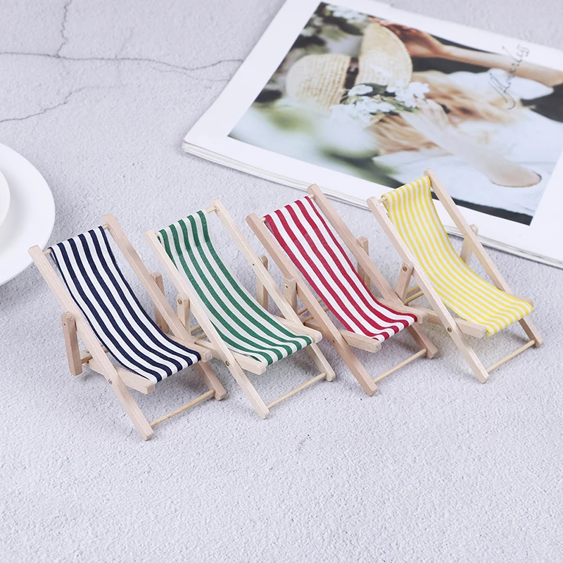 

2pcs 1:12 Scale Mini Beach Lounge Chair Miniature Chairs Garden Decoration Furniture Folding Stripe Deck Chair DIY Home Decor