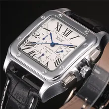 JARAGAR Brand Male Relogio Square Case Roman Numeral Dial Auto Date Day Calendar Leather Belt Automatic Mechanical Men’s Watch