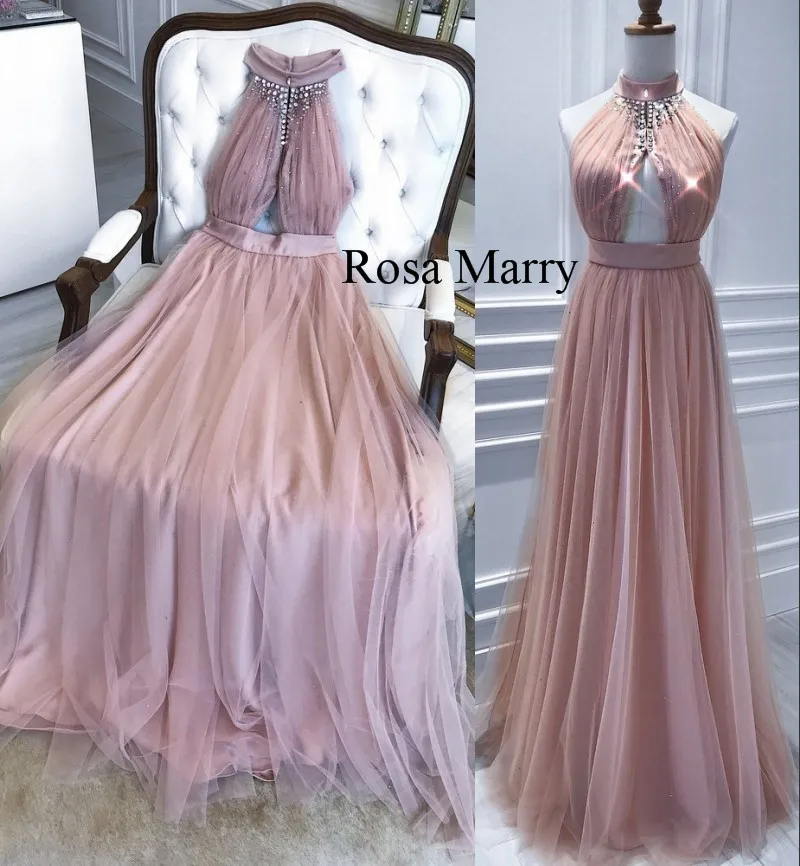 

Blush Pink Crystals Plus Size Cheap Prom Dresses 2019 A Line Keyhole Neck vestidos de fiesta de noche largos Formal Party Gowns