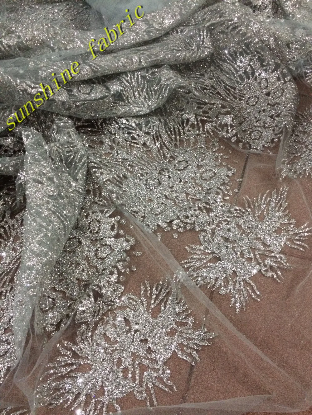 

Silver french tulle lace fabric high quality African sequins net lace glitter fabric for woman wedding dress
