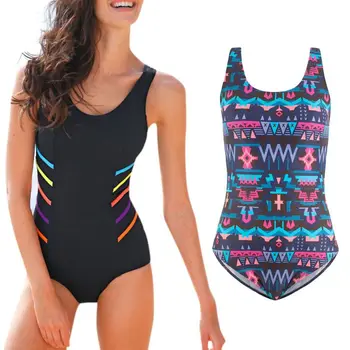

Womens Sexy One Piece Bikini Scoop Neck Slimming Monokini Rainbow Stripes Bohemian Geometric Printing Swimsuit Backless