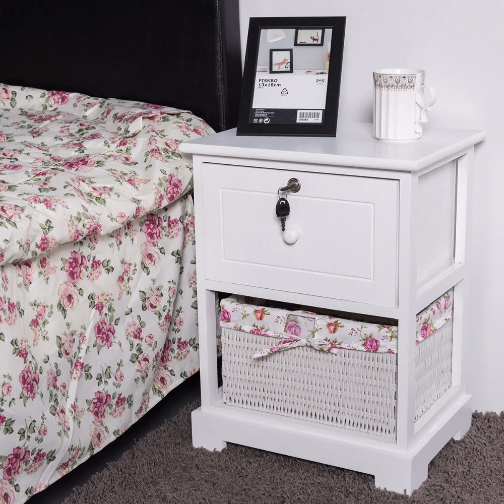 Giantex Wood Night Stand 2 Tiers 1 Drawer Bedside End Table Bedroom Furniture Organizer Storage Basket Nightstands w/Key HW56352