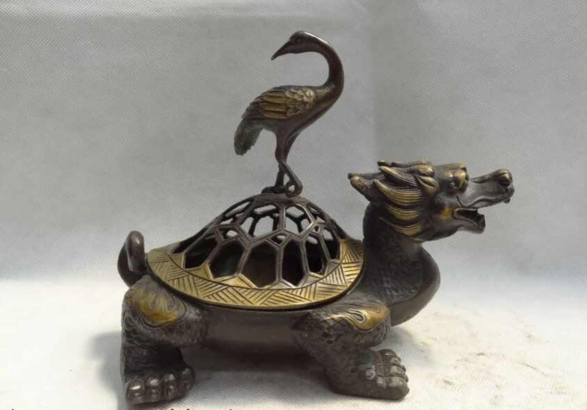 

S3157 10" Chinese Bronze Animal Crane Ride Dragon Turtle Statue Incense Burner Censer D0318