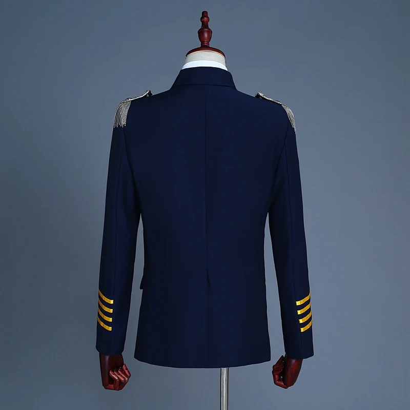 Европейская военная форма, мужские костюмы с кисточками, эполеты, мужской костюм из 2 предметов, темно-синие вечерние Пиджаки для певцов, Homme, Terno Masculino, 2XL