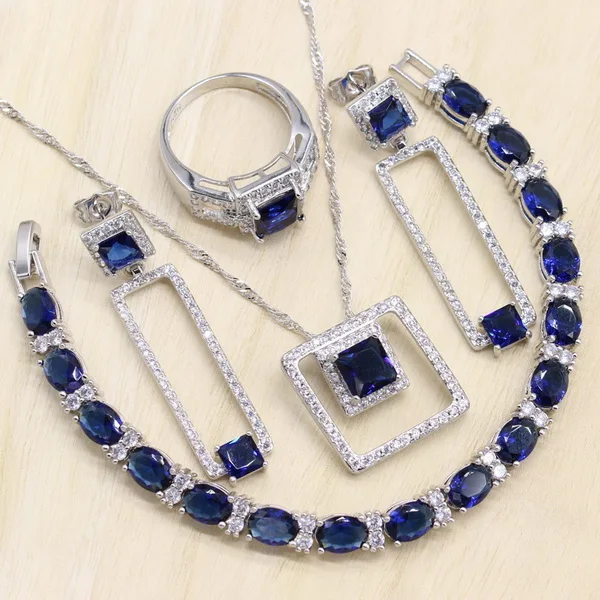 Прямоугольная синяя фианит 925 пробы серебряные Ювелирные наборы для женщин серьги/кулон/ожерелье/браслет - Окраска металла: Blue