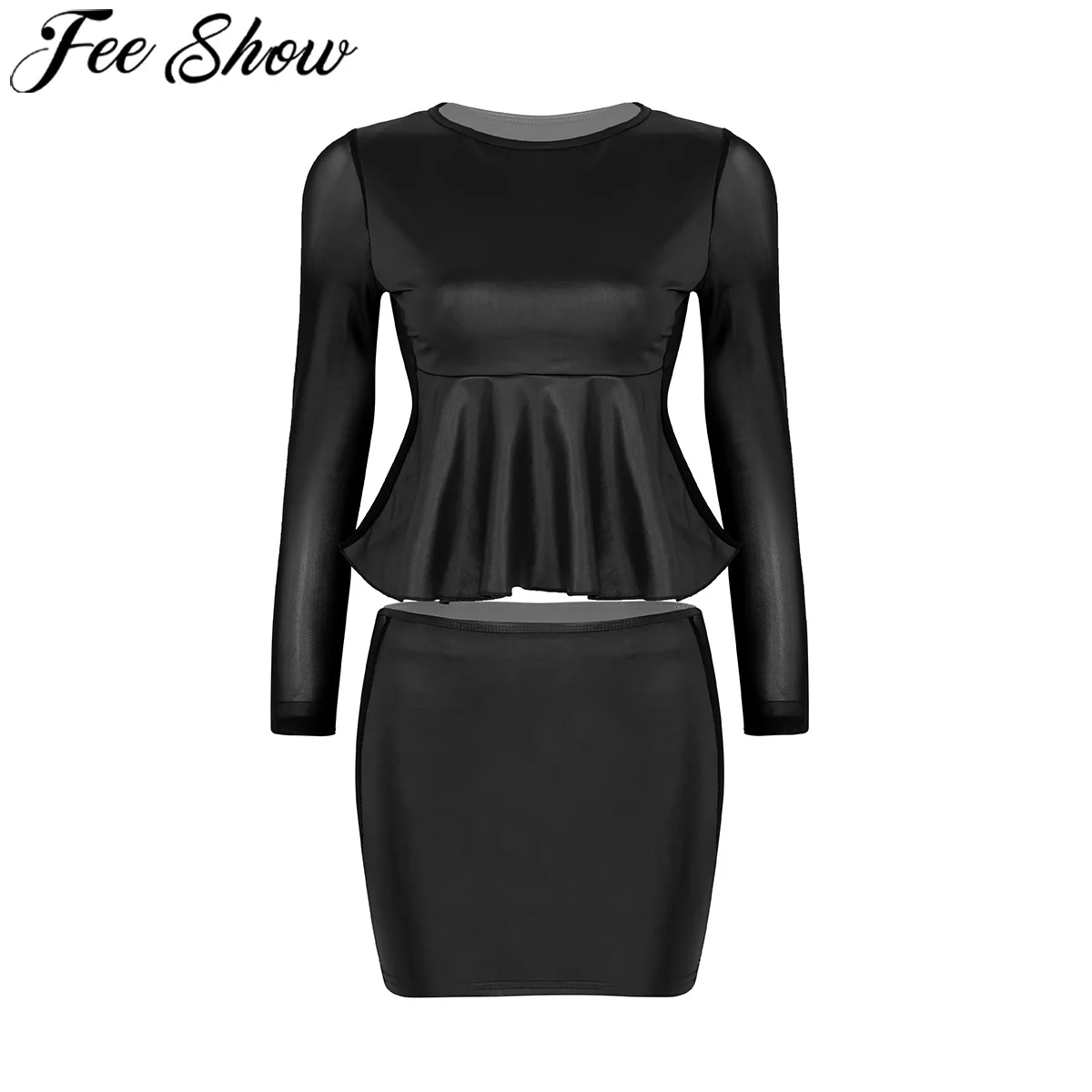 

FEESHOW 2Pcs Women Sets Wetlook Faux Leather Sexy Mesh Suit Pleated Flared Peplum Bottom Top Mini Bodycon Skirt Party Clubwear