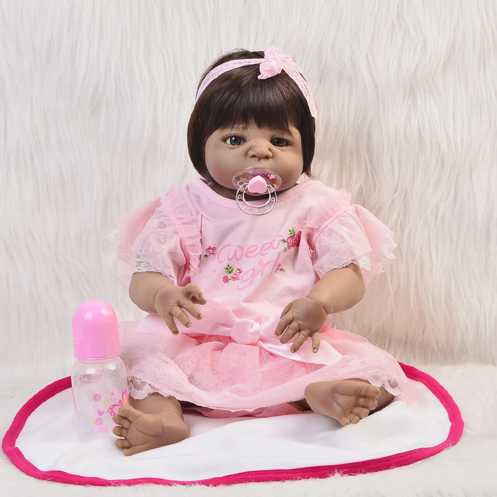 

Realistic Baby Doll 23'' Girl Black Skin Reborn Baby Doll Toy Full Silicone Body Handmade Ethnic Dolls For kids Xmas Gift