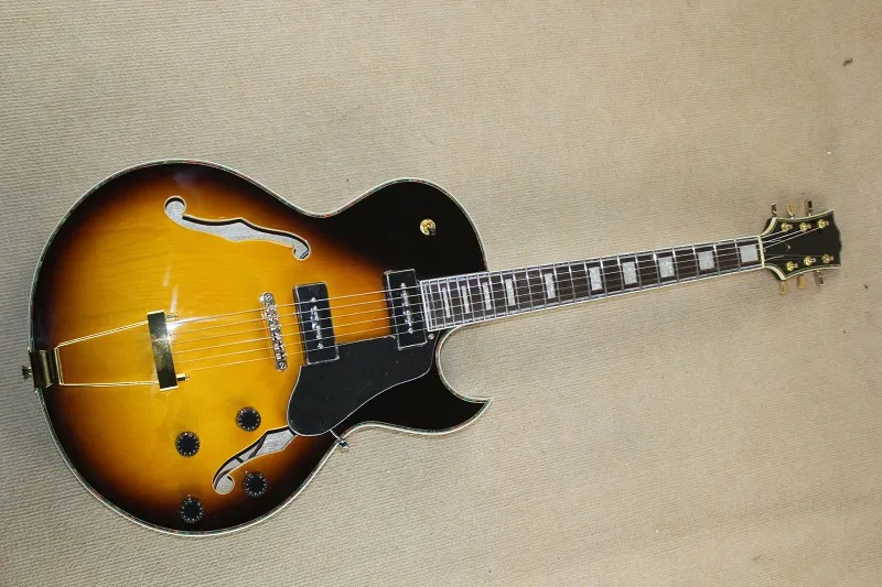

Free shipping Top Quality Vintage Burst F-Hole half hollow body P90 pick-up ES225 jazz electric Guitar 141110