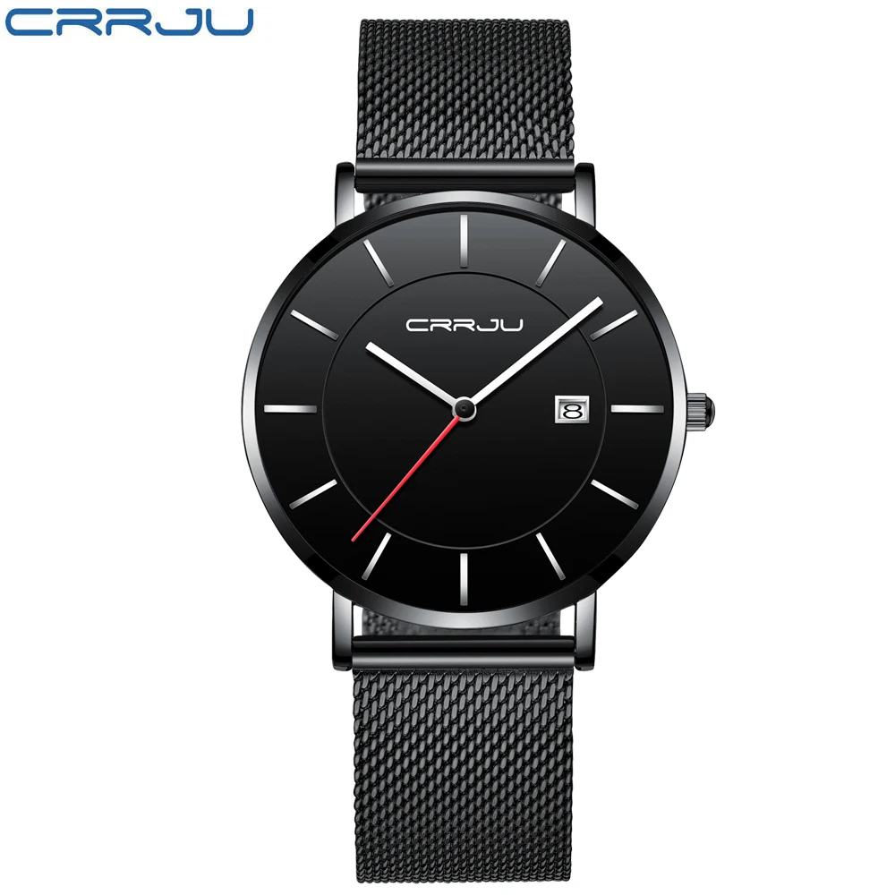 Топ Элитный бренд CRRJU Для мужчин черный Бизнес Водонепроницаемый Спорт Кварцевые часы Для мужчин Дата часы Для мужчин Нержавеющая сталь
