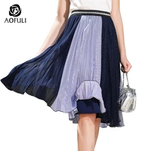 AOFULI/Женская юбка в стиле пэчворк большого размера контрастная синяя полосатая летняя Плиссированная Юбка До Колена Повседневная одежда L-3XL 4XL 5XL A3584