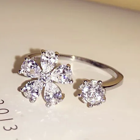 

Cute Princess Female Girls Adjustable Flower Ring 925 Sterling Silver CZ Stone Ring Promise Engagement Open Rings For Women