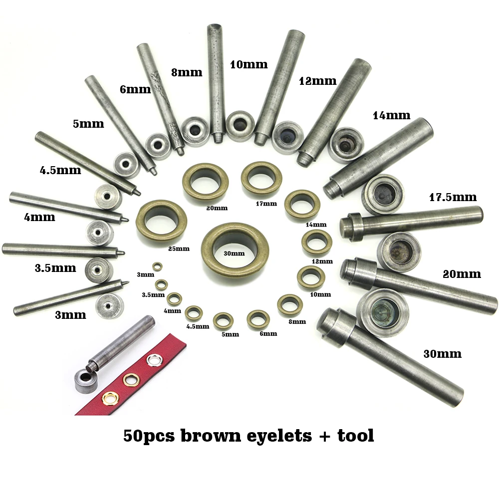 50 набор коричневого люверса и медные петли Штамповочный Инструмент Набор для своими руками материалы аксессуары для кожаного ремесла 3-30 мм
