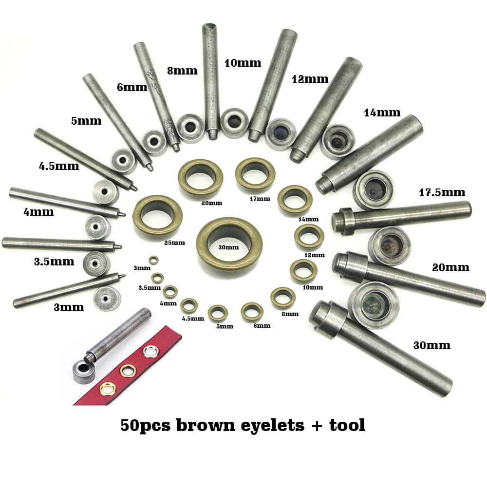 

50 set brown eyelet and Brass Eyelet Punch Die Tool Set for DIY Materials Accessories for Leather Craft 3-30mm