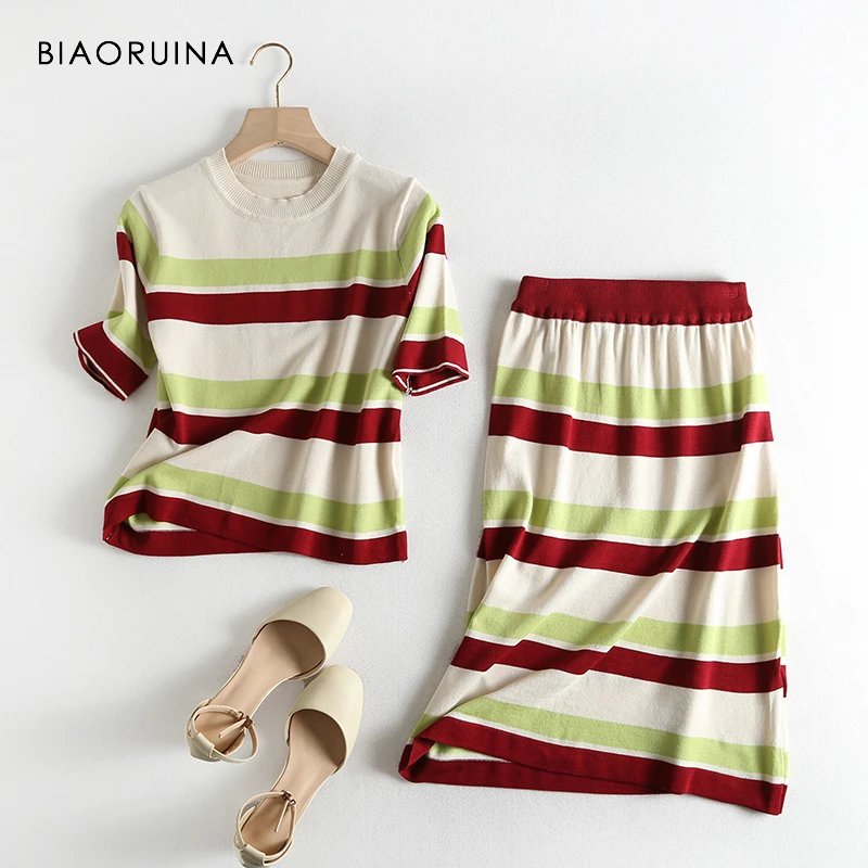 

BIAORUINA Women Fashion Striped Knitted Two Piece Set Summer Casual T-shirt + Office Lady Straight Elastic High Waist Skirt