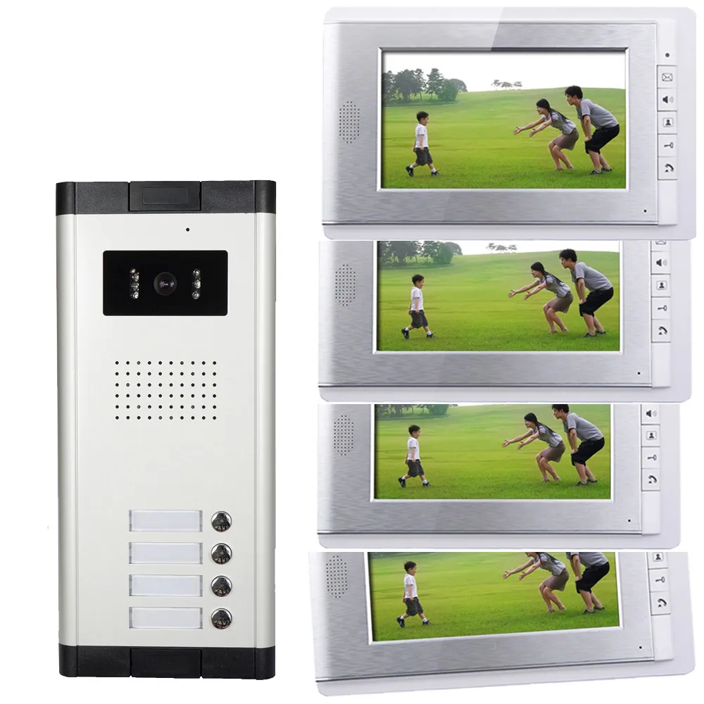

7 LCD Monitor Wired Video Intercom Doorbell System for 4 Units Apartment Video 9.5