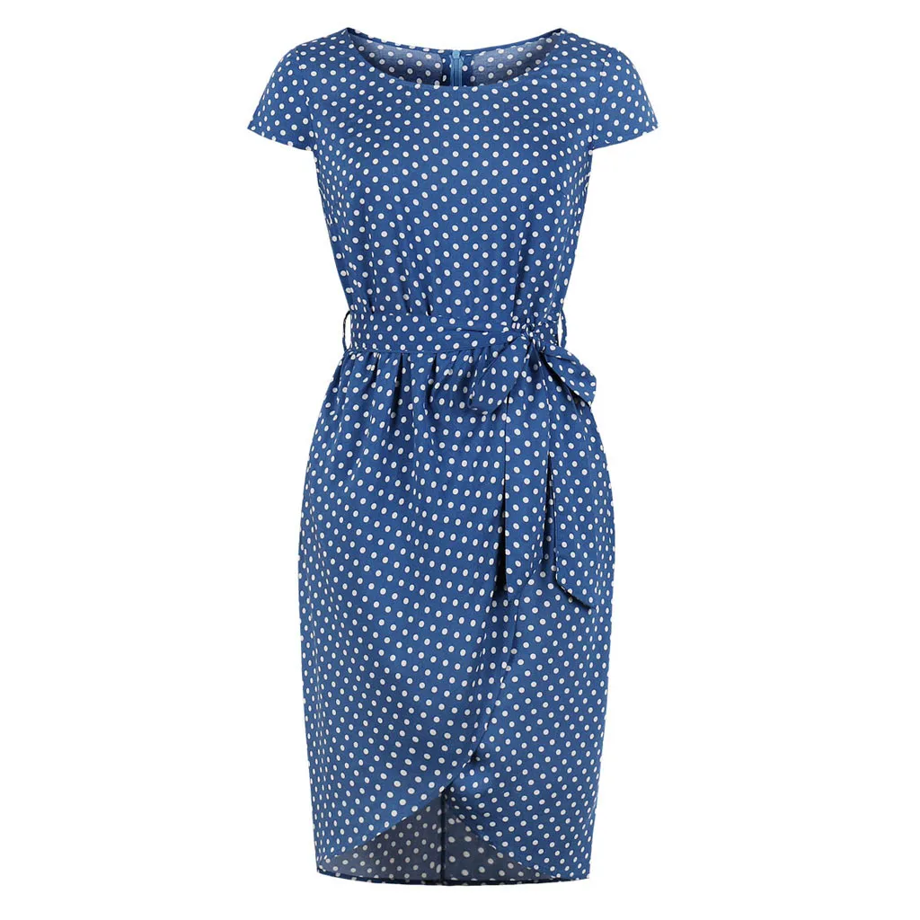 

Women Short Sleeve Dot Print Blue Dress Casual Pencil dresses women party night Fashion O-Neck Summer Dress vestidos verano 2019