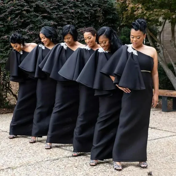 Latest Black African Arabic Bridesmaids Dresses 2019 One Shoulder Appliques Beaded Sash Long Wedding Guest Gowns Plus Size Evening Dresses