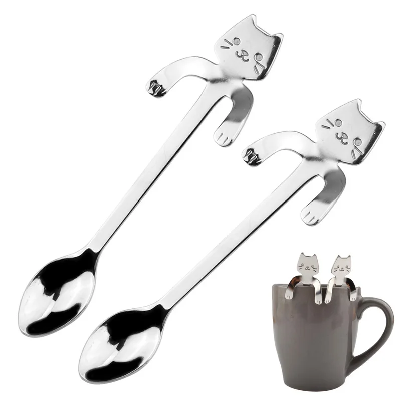 

OBR 2 Pcs Stainless Steel Cat Hanging Spoon Kitten Coffee Cream Mixing Spoon Tableware Spoon Drinking Tableware Kitchen Tool
