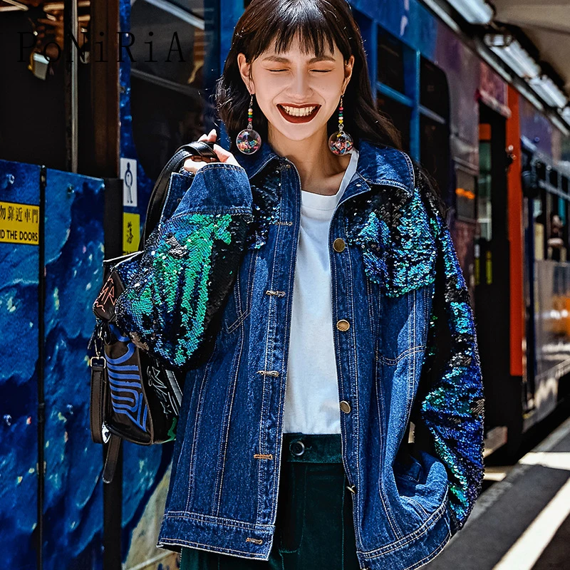 Denim Droite souris Style Street Originale High Conception Des Lâche Manteaux Nouveau A8018 Blue Spliced Coton Paillettes Manteau Femmes Chauve Chic De Manches qCvnx