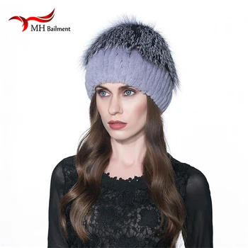 

Winter fur hats for women rex rabbit fur hat silver fox fur top elastic pom pom knit beanies With lining Russian fur cap W#19
