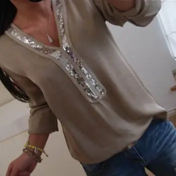 

Fashion Summer Autumn Solid Plus Size Women V-neck Casual Loose Sequin Top Chiffon Shirt Blouse