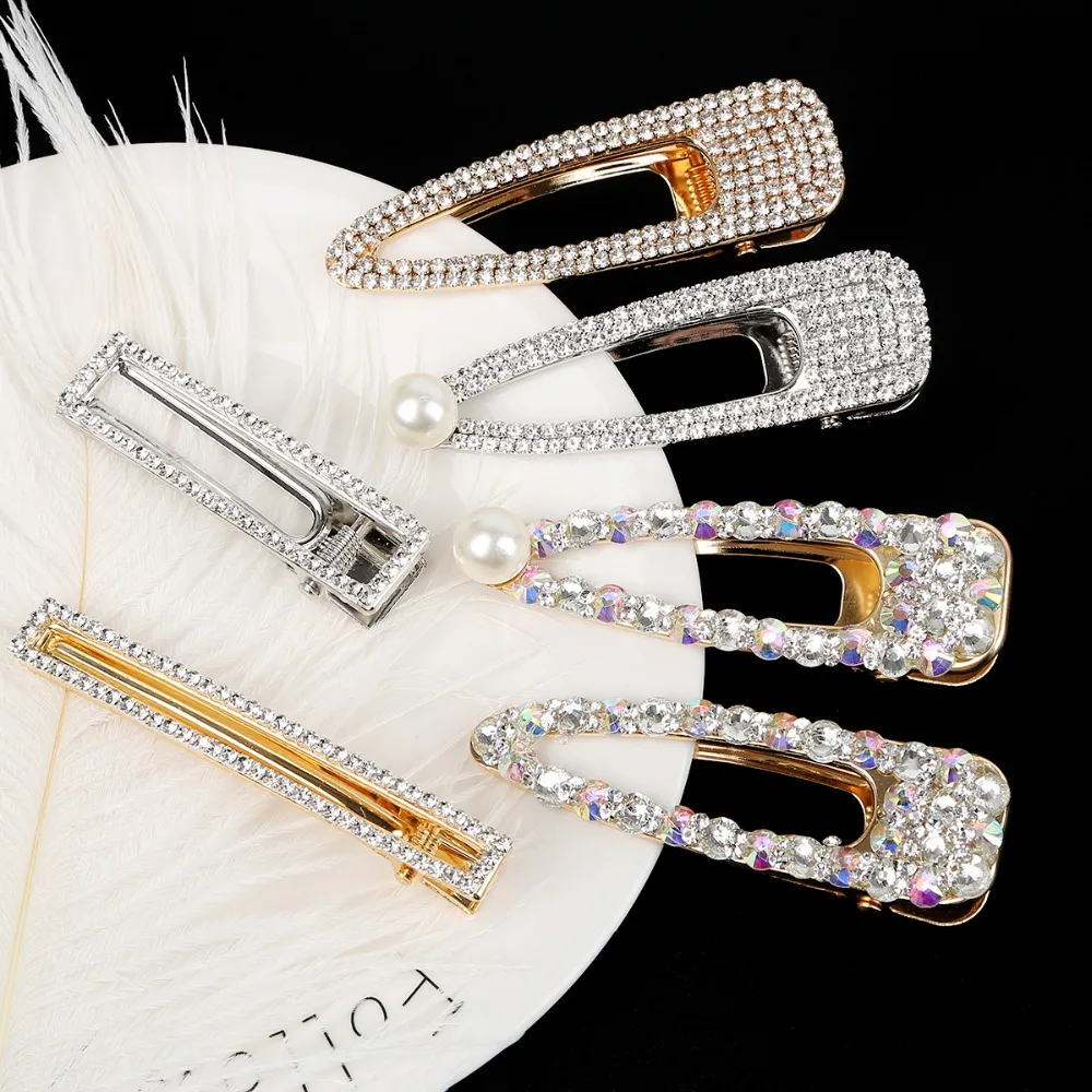 

Fashion Crystal Gold Silver Color Metal Barrettes Imitation Pearl Rhinestone Hair Clips For Women DIY Hairgrips Hair Accessories
