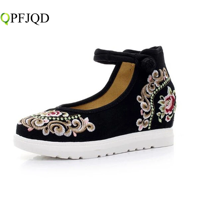 

6.5cm Flower Embroidery Womens Shoes Old Peking Mary Janes Inside Increased Linen Cloth Shoes Woman Ankle Strap Flat Platform