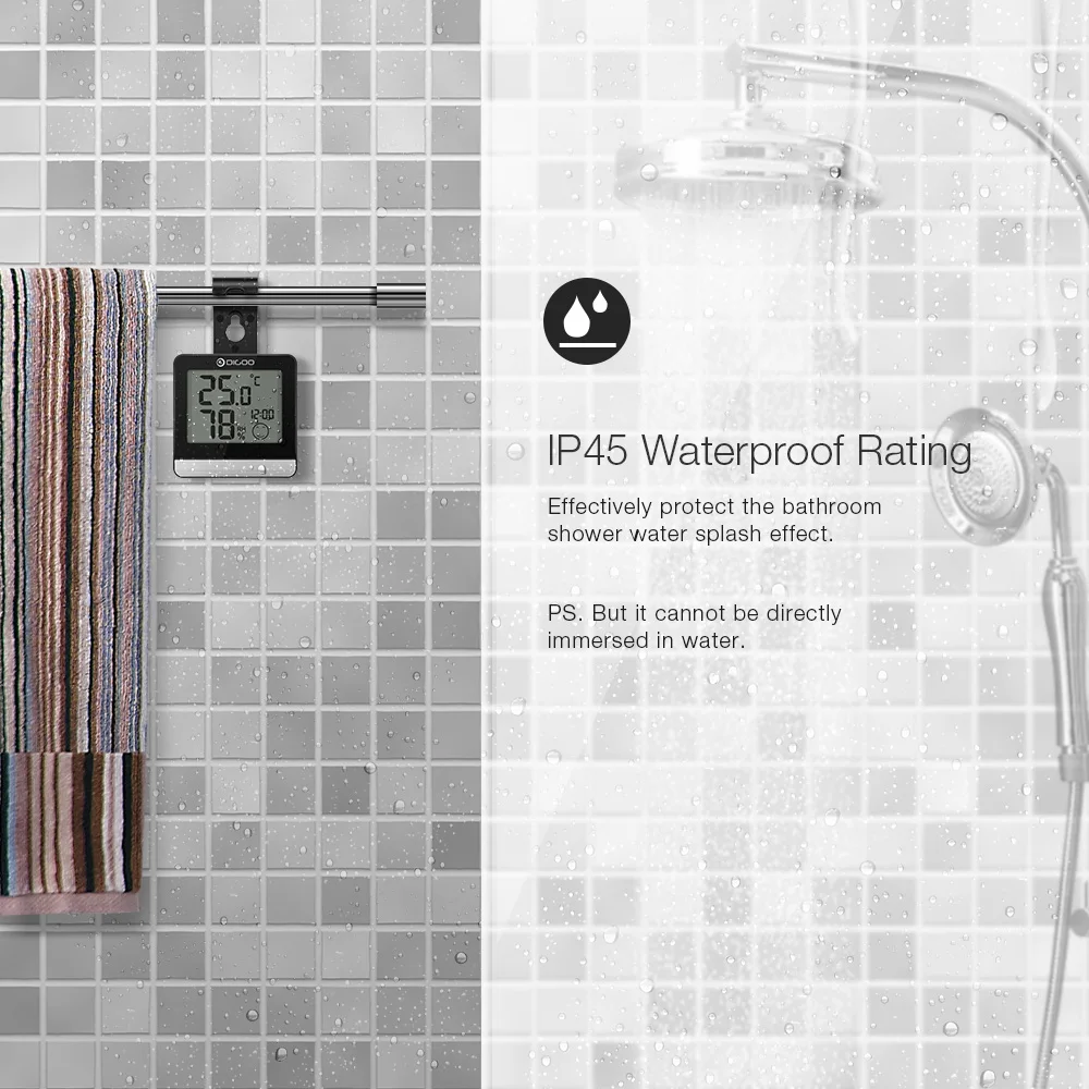 Digoo Ванная комната ЖК-дисплей цифровой термометр влажности и Температура Сенсор гигрометром декоративные часы для Monitor часы IP45 Водонепроницаемый