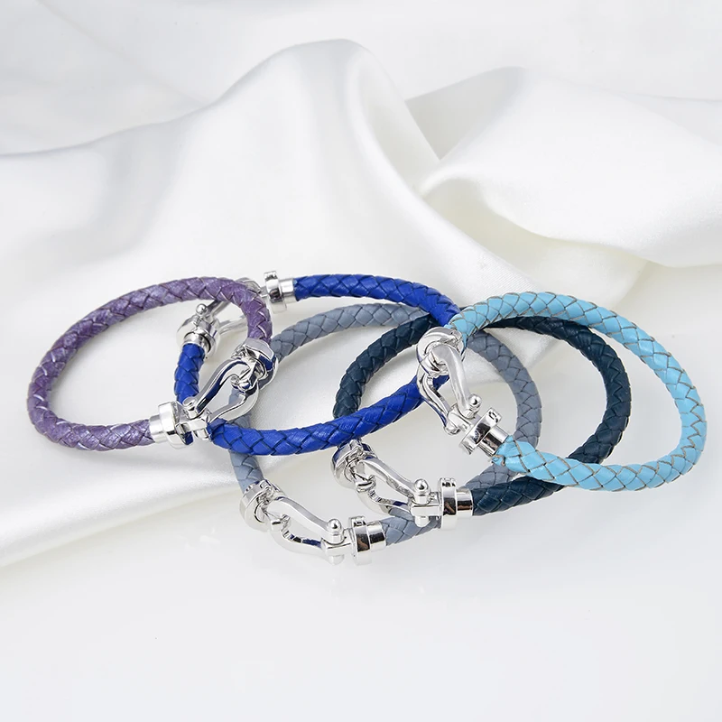

Designer Fashion 925 Sterling Silver Jewelry 3A Cubic Zirconia Party Real Leather Bracelet