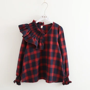 

3 Colors Plaid Shirt Kraagje Nep Dames Flannel Shirt Women New Hot Women Long Sleeve Shirts Casual Red Blouse Double-Layer 2019