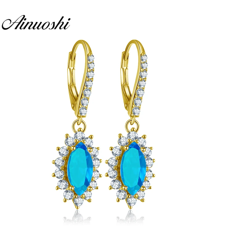 

AINUOSHI 10K Solid Yellow Gold Drop Earring Women Jewelry Gifts 2 Carat Marquise Cut Blue Color SONA Diamond Click Back Earring