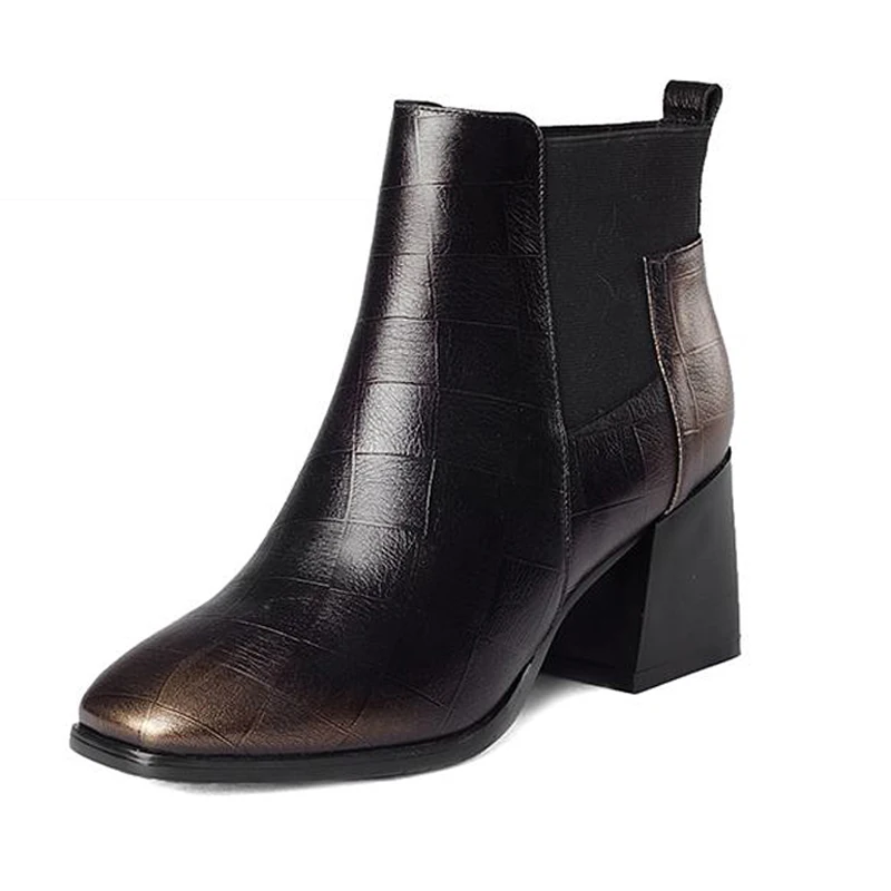 

Big Size 33-43 Cow Genuine Leather Ankle Boots High Quality Thick Heels Female Footwear Patchwork Fall Winter Boots Shoes Woman