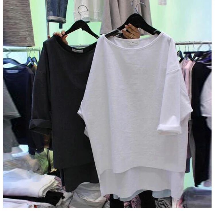 

Loose Tshirt Women 2019 Spring Summer New Seven-point Sleeve Irregular Long T-Shirt Female Casual Oversize Pullovers Student Top