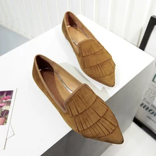 Women’s Fringe Flats Pointed Toe Slip-on Ballerinas Shoes for Women Brand Designer Natural Leather Female Footwear Single Shoes