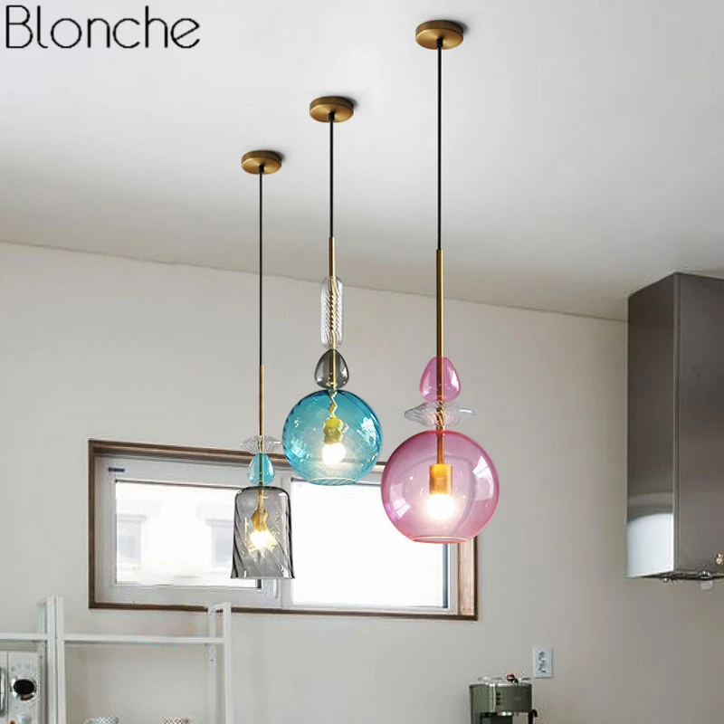  Nordic Stained Glass Pendant Lights Led Loft Modern Hanging Lamp Candy Luminaire for Dining Room Ki - 32914442228