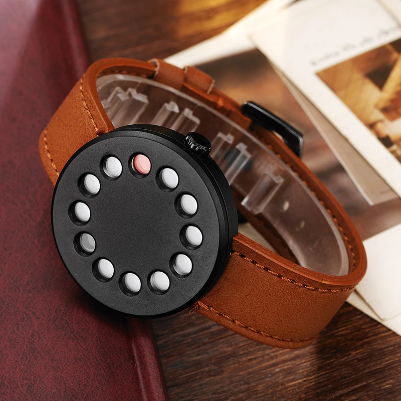 Creative Watch Men Fashion Turntable Men Wrist Watches Novelty Leather Quartz-watch Couple Black Brown Leather Unique Clock