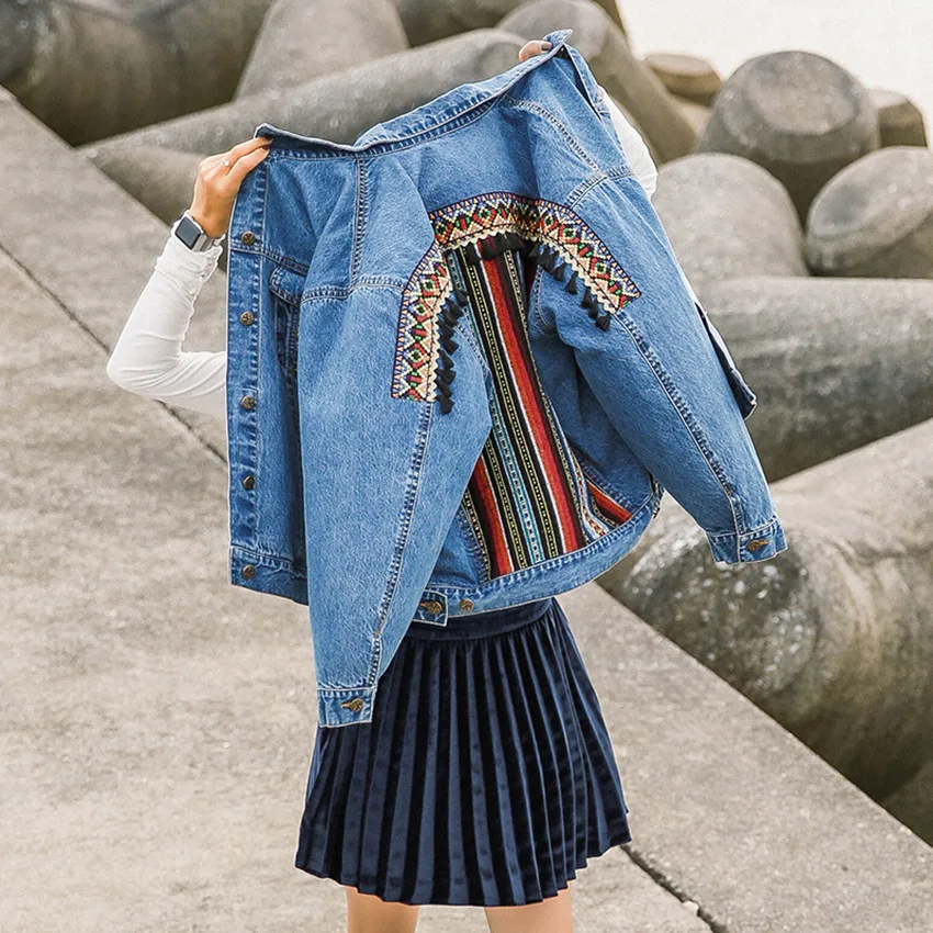 Ethnic Vintage Bohemian Embroidery Denim Jacket Women Basic Coats Ladies Plus Size Jeans Coat Outwear Jackets Chaqueta Mujer