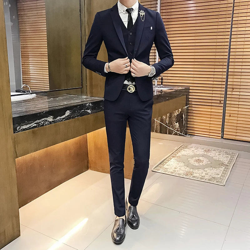 

2018 new men's suits pure color British style temperament handsome Slim wedding dress business suit