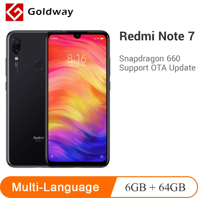 

Original Xiaomi Redmi Note 7 Mobile Phone 6GB RAM 64GB ROM Snapdragon 660 Octa Core 48MP+13MP Dual Camera 6.3"Full Screen 4000mA