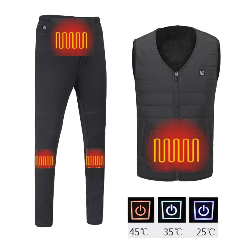 Winter Men USB Heater Vest+Down Pants Set Heated Jacket Electric
