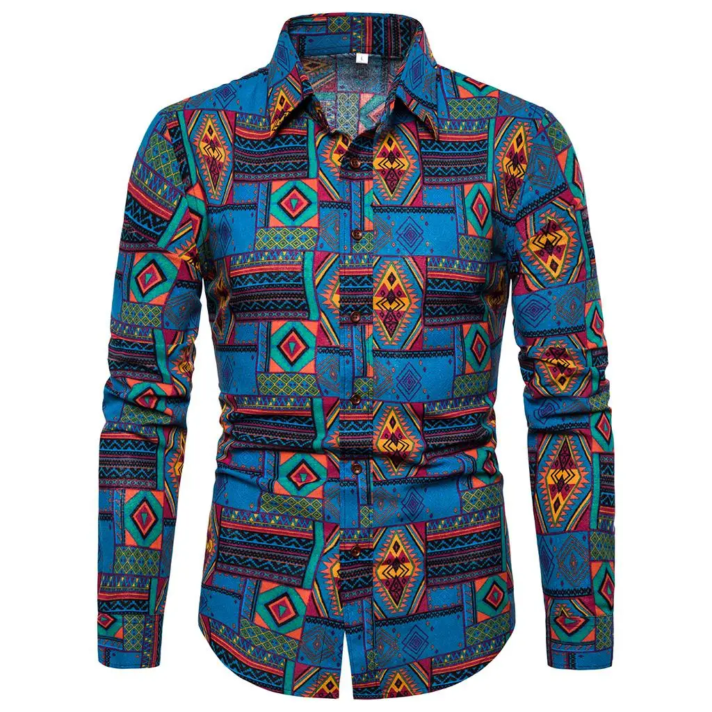 

Plus Size M-5XL Floral Shirt for Men Long sleeve Linen Shirts Men's clothing Fashion Casual Blouse Men New